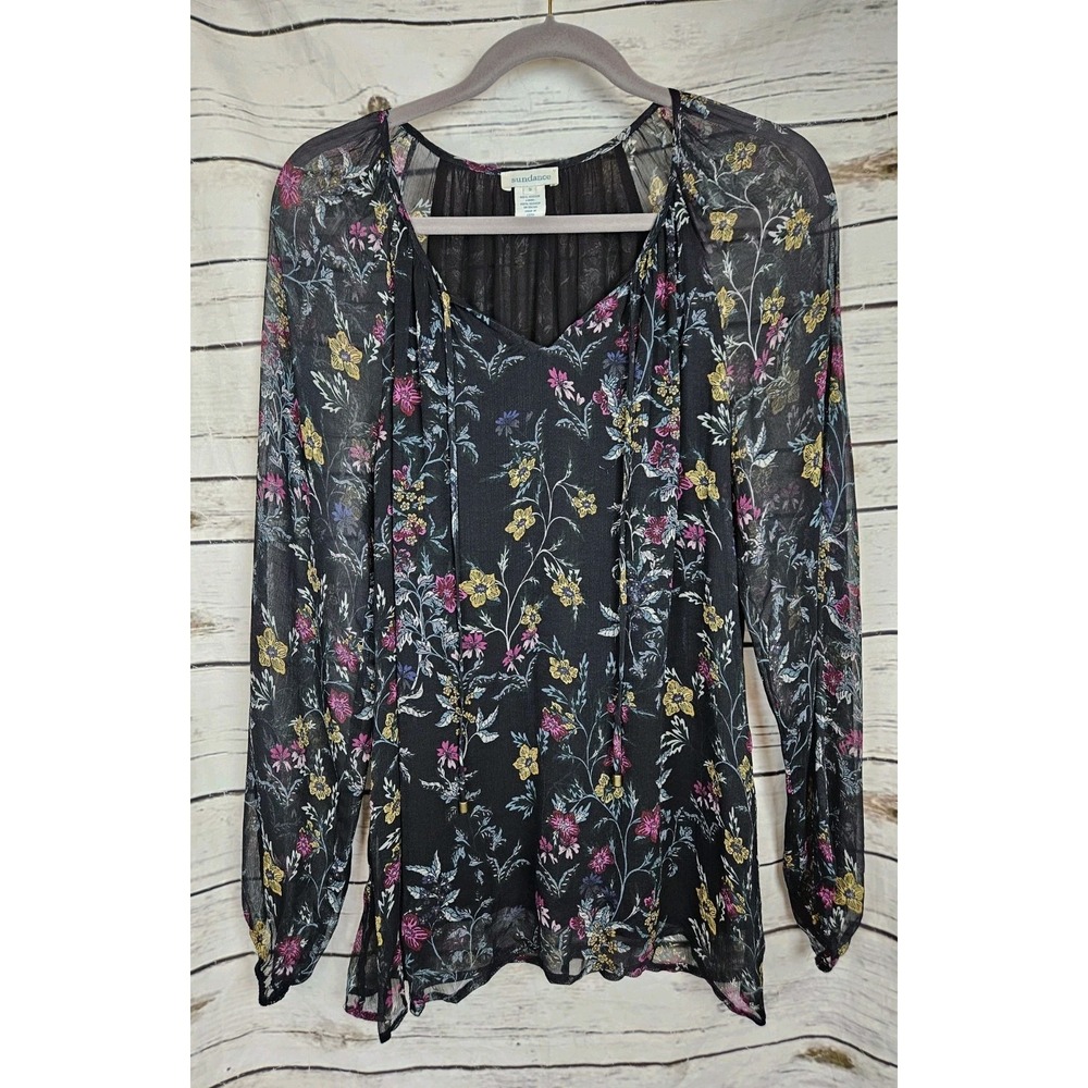 Sundance Dark Black Floral Chiffon Peasant Top S Fairy Romantic Boho